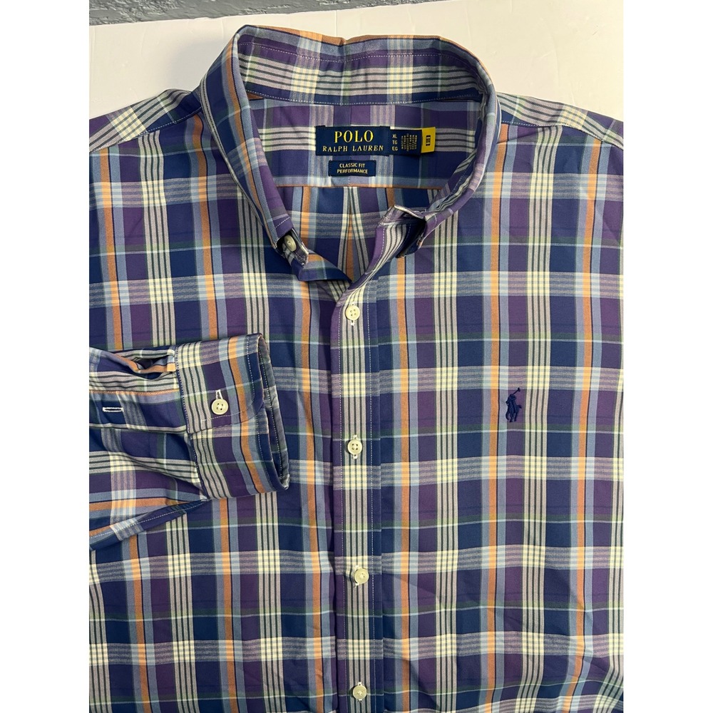 Polo Ralph Lauren Mens XL Classic Fit Performance Plaid Shirt Purple Blue Orange
